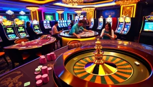 Engaging casino scene showcasing Bay789's luxurious gambling experience with vibrant tables and thrilled players.