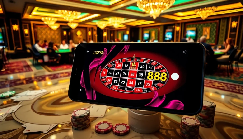 Exciting casino action with the App LUCKY88 interface on a smartphone and roulette table.