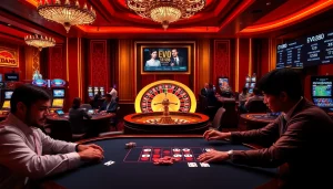 Experience thrilling gaming at Ev88's luxurious casino with poker tables and roulette wheels.
