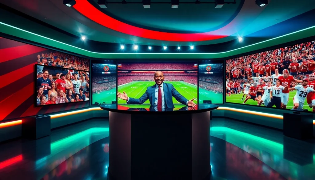Engaging host presenting live Sports Broadcasting in a dynamic studio setting.