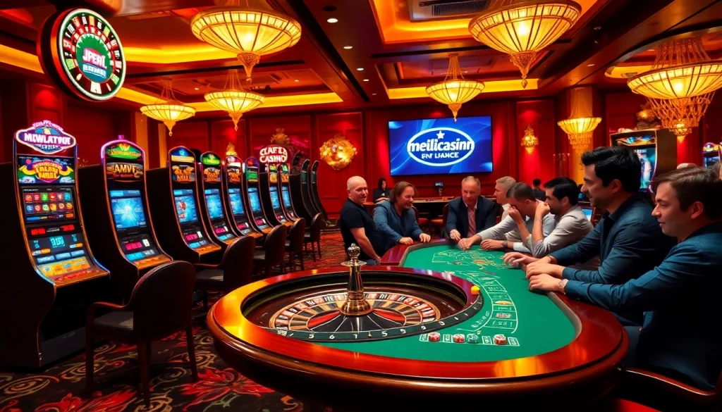 Exciting casino ambiance at the meilleur casino en ligne France featuring slot machines and poker action.