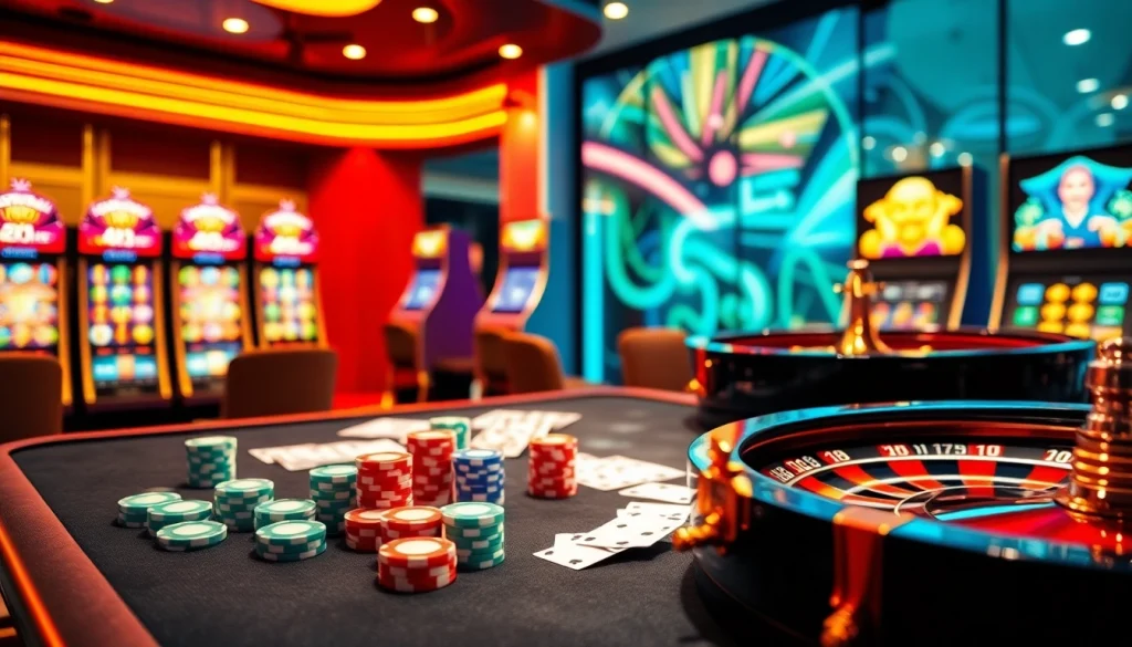 Exciting scene of online gambling featuring casino en ligne nouveau elements with poker chips and roulette wheel