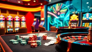 Exciting scene of online gambling featuring casino en ligne nouveau elements with poker chips and roulette wheel