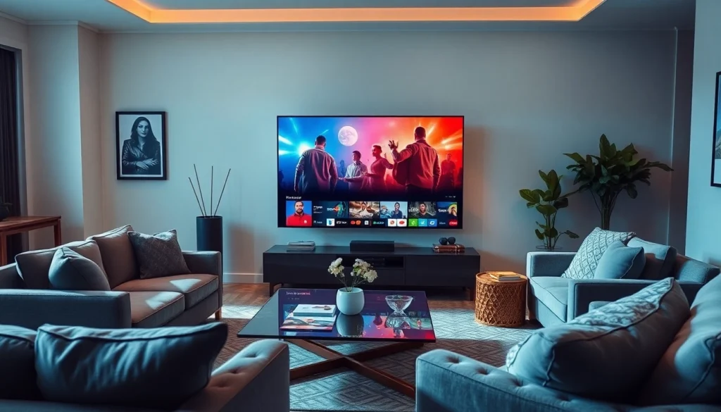 Iron tv pro displayed on a modern TV in a stylish living room, showcasing premium entertainment options.