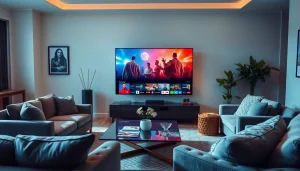 Iron tv pro displayed on a modern TV in a stylish living room, showcasing premium entertainment options.